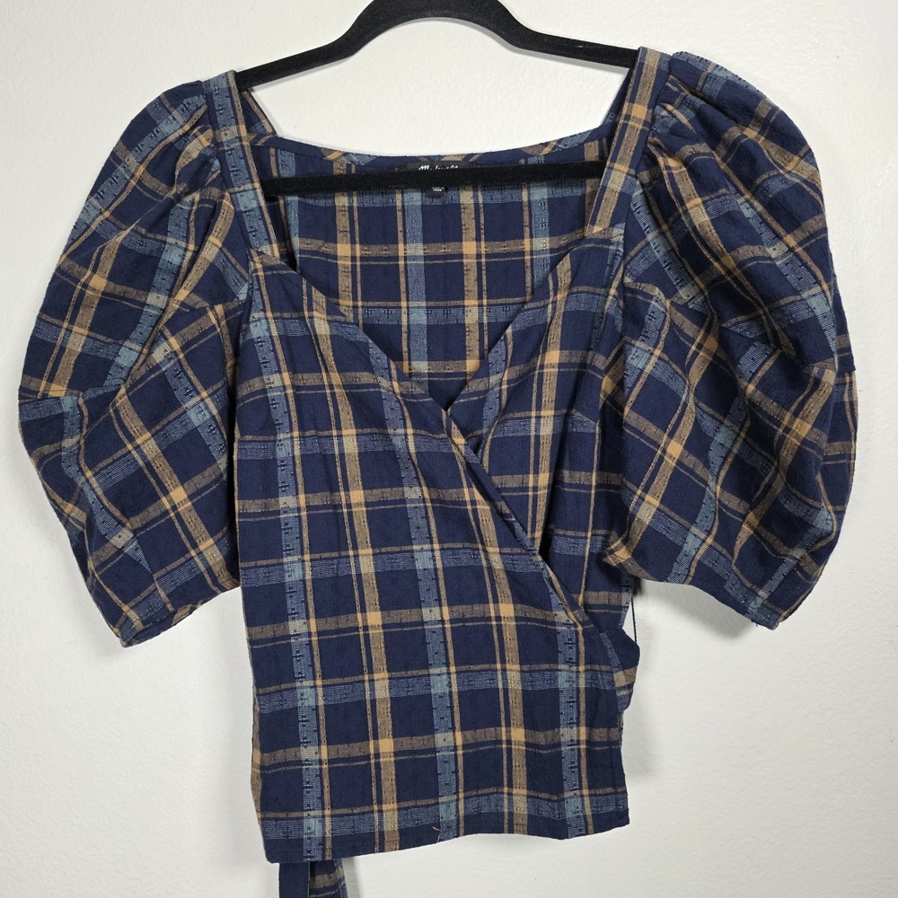 Madewell Womens XS Navy Plaid Puff Sleeve Sweetheart Wrap Top Dark Academia
